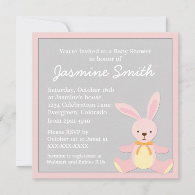Convites cinzentos cor-de-rosa do chá de fraldas (Frente)