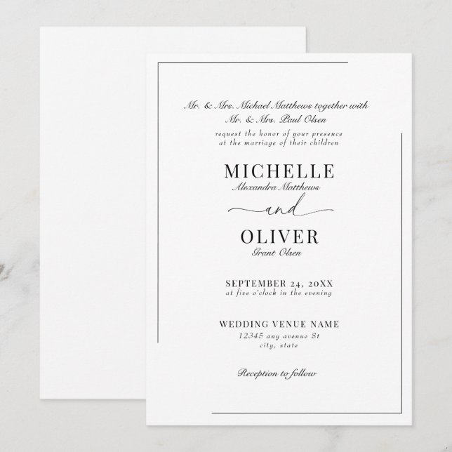 Convites Clássicos de Casamento Moderno da Caligra (Frente/Verso)