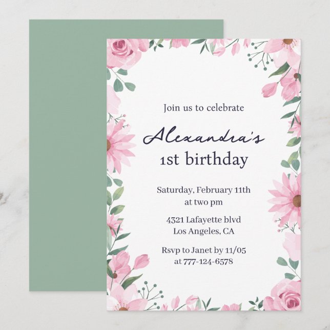convites de 1º aniversário Floral Frame Rosa Verde (Frente/Verso)