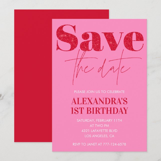 Convites de 1º aniversário Rosa Salve a data Chic (Frente/Verso)