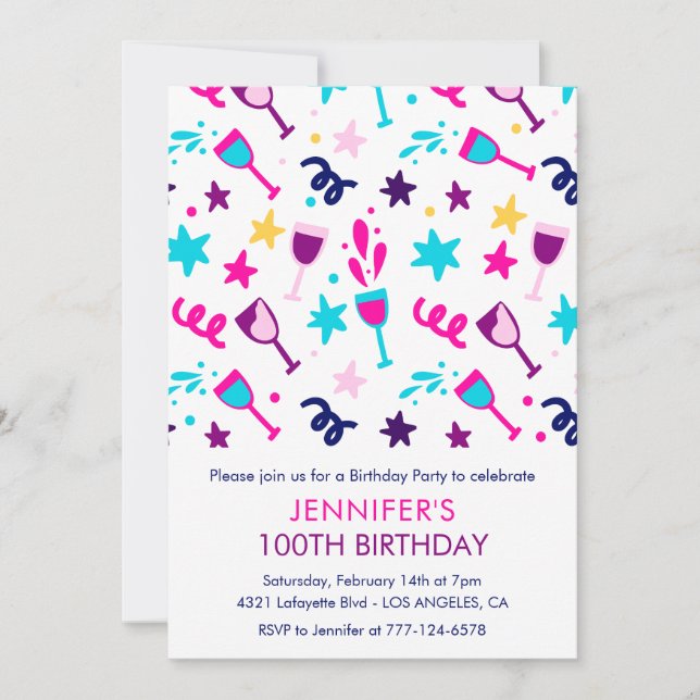 convites de 100º aniversário Cocktail Moderno Rosa (Frente)