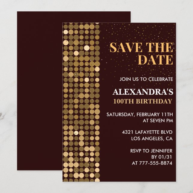 convites de 100º aniversário Salve a data Dourado (Frente/Verso)