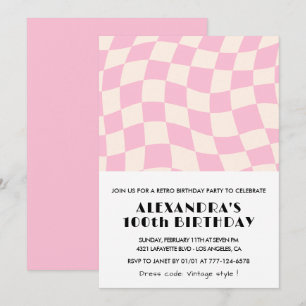 convites de 100º aniversário Xadrez Retro Rosa