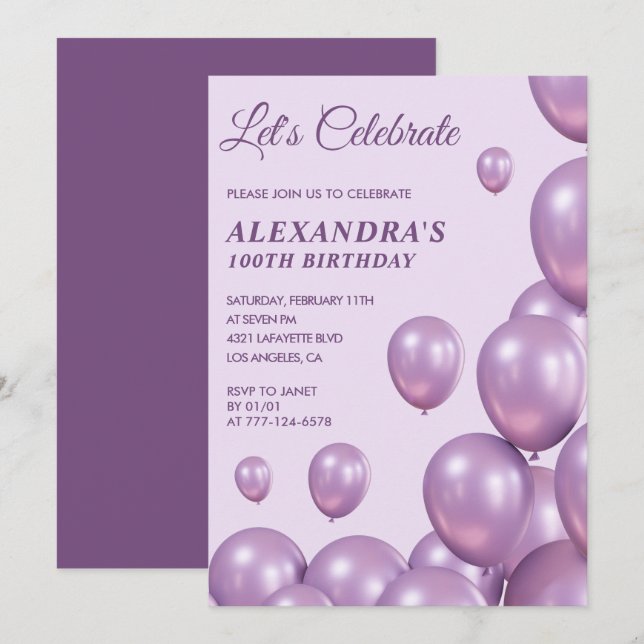 convites de 100 anos Balloons Chic Roxo (Frente/Verso)