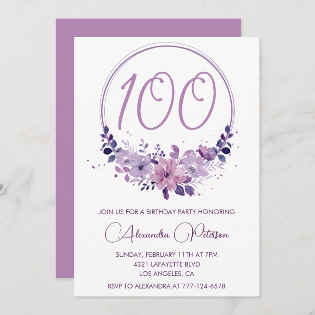 Convites de 100 anos para Elegantes Roxo Floral (Frente/Verso)