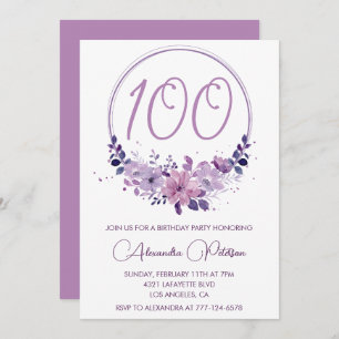 Convites de 100 anos para Elegantes Roxo Floral