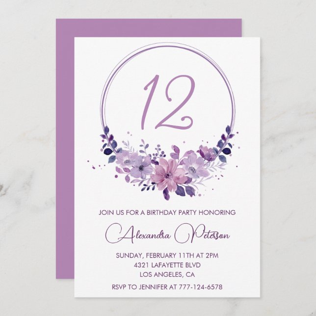 Convites de 12 de aniversário elegantes Roxo Flora (Frente/Verso)