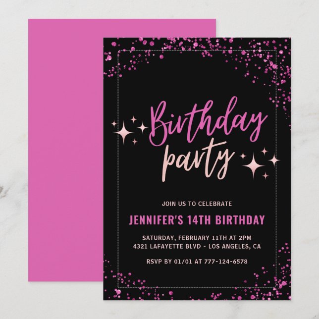 Convites de 14º aniversário rosa Glitter Party Gla (Frente/Verso)