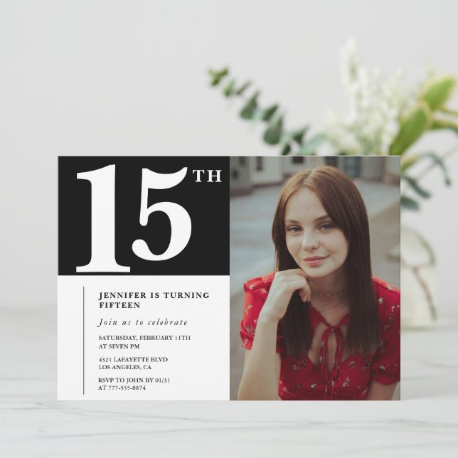 Convites de 15 de aniversário preto Foto Chic Mode (Em pé/Frente)