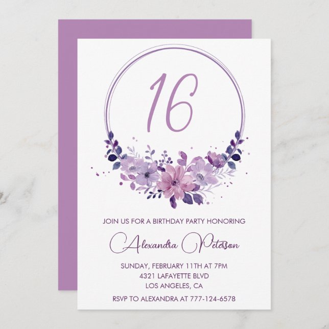 Convites de 16 anos da Elegante Roxo Floral (Frente/Verso)