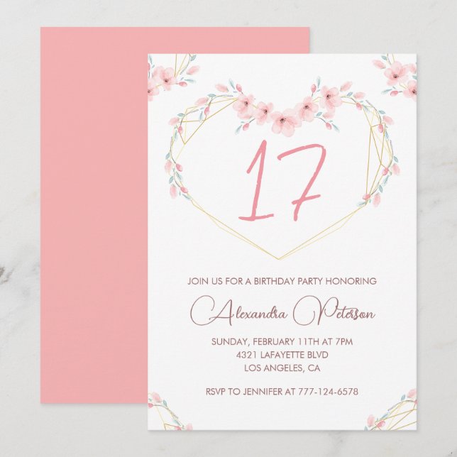 convites de 17º aniversário Boho Floral Rosa (Frente/Verso)