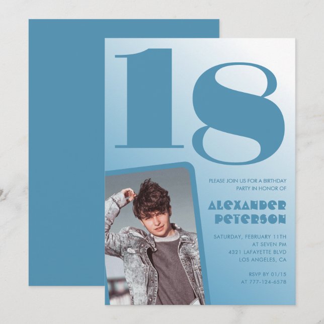 Convites de 18º aniversário com gradiente azul Fot (Frente/Verso)