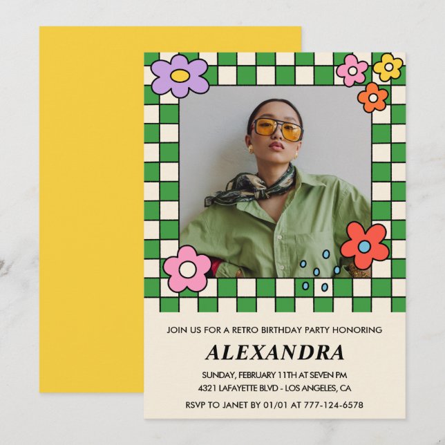 convites de 18 anos Flores Retro Groovy (Frente/Verso)