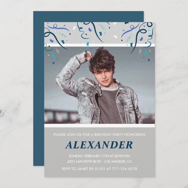 Convites de 18 anos Men Confetti Foto Marinho (Frente/Verso)