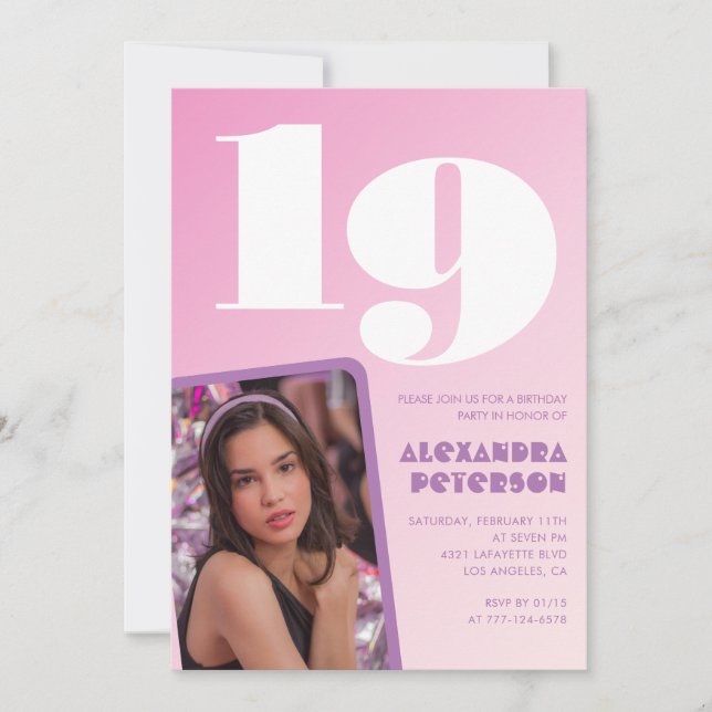 Convites de 19º aniversário cor-de-rosa Foto Retro (Frente)