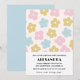Convites de 2º aniversário Floral Rosa Azul Retro