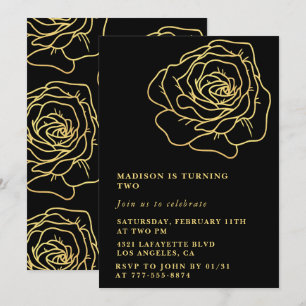 Convites de 2º aniversário preto Floral Dourado