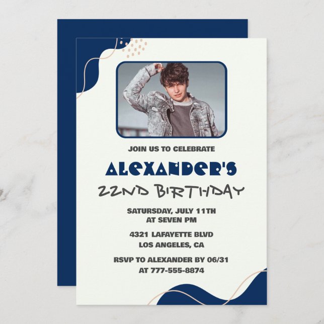 Convites de 22 anos Homens Marinho Foto Simples (Frente/Verso)