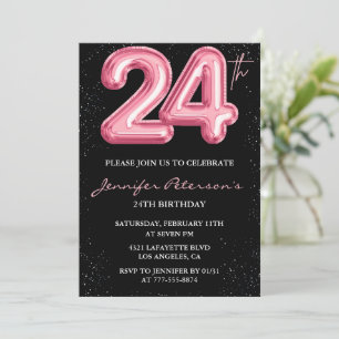 convites de 24º aniversário Balão Rosa Glam Black