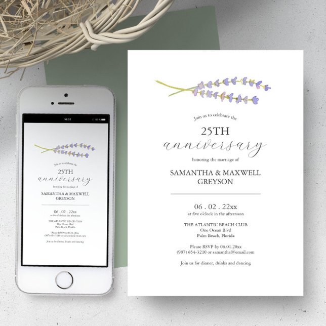 Convites de 25 para Casamento Imprimíveis (Wedding anniversary invitation minimalistic watercolor lavender art by Victoria Grigaliunas)