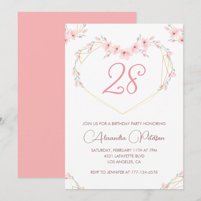 Convites de 28 anos Boho Floral Pink (Frente/Verso)