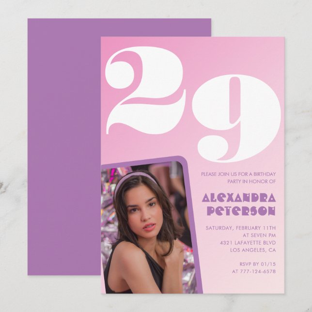 Convites de 29 anos rosa Foto retrorativa (Frente/Verso)