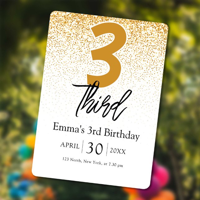 convites de 3º aniversário de bebê menina com bril (golden glitter baby Girl 3rd birthday invitations)