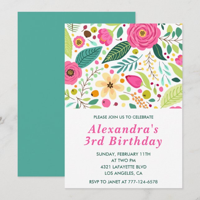 Convites de 3º aniversário elegantes Florais Color (Frente/Verso)