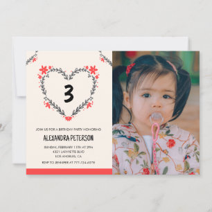 convites de 3º aniversário para ela Floral Heart