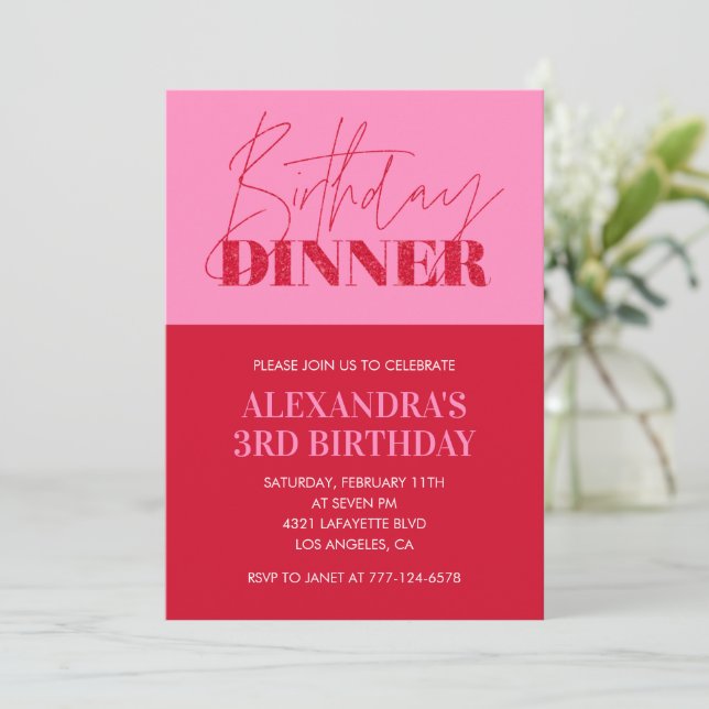 Convites de 3º aniversário rosa Jantar de Aniversá (Em pé/Frente)