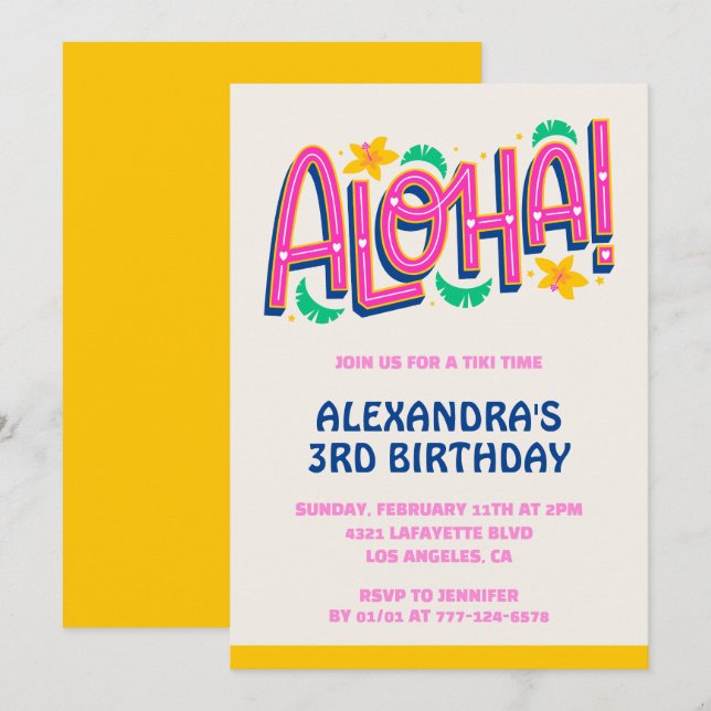 convites de 3º aniversário Tropical Aloha Havaí (Frente/Verso)