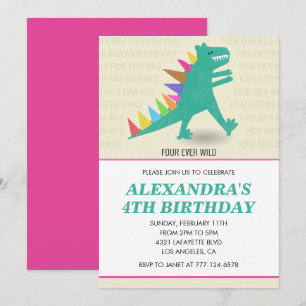 Convites de 4º aniversário de dinossauro Menina ro