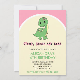 Convites de 4º aniversário de dinossauro menina ve