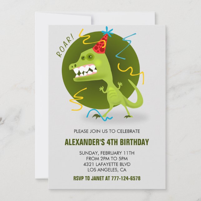 Convites de 4º aniversário do dinossauro t rex cri (Frente)