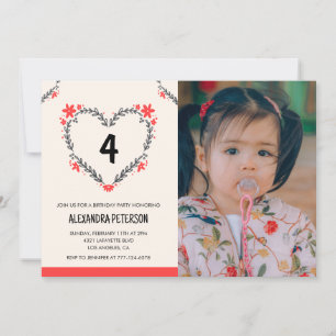 convites de 4º aniversário para ela Floral Heart