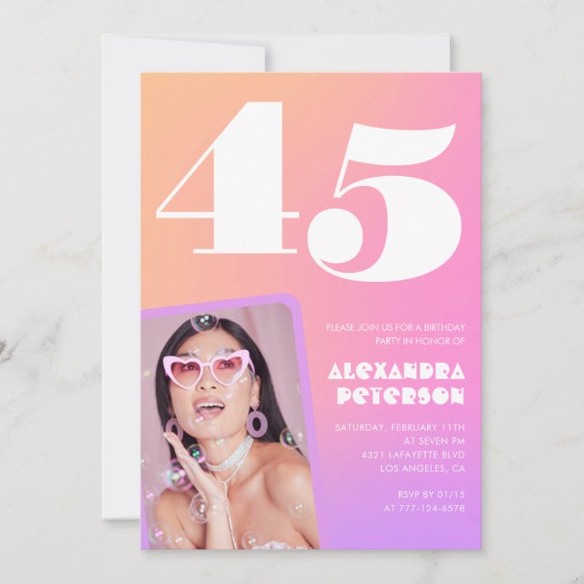 Convites de 45 anos, cor-de-rosa Foto retroativa (Frente)