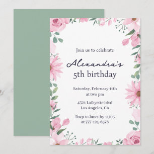 convites de 5º aniversário Moldura Floral Rosa Ver