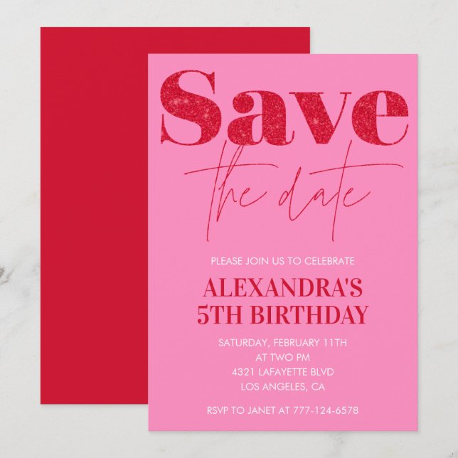 Convites de 5º aniversário Rosa Save the date Chic (Frente/Verso)