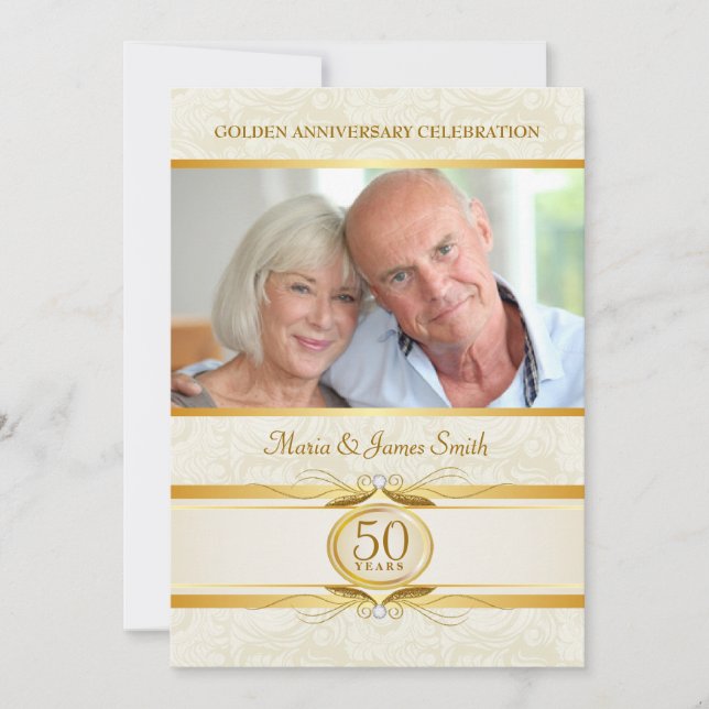 Convites de 50º Aniversário em Damasco Dourado e M (Frente)