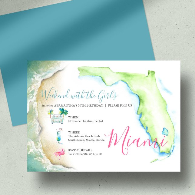 Convites de 50º Aniversário para o Sul da Flórida (50th Birthday Girls Trip Watercolor Illustrated Invitation)