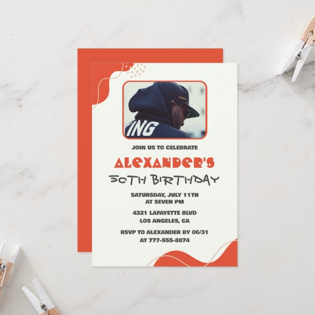 Convites de 50 anos Men Red Simple Photo (Frente/Verso In Situ)