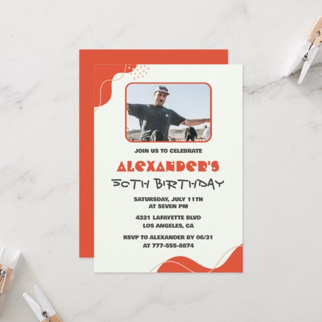 Convites de 50 anos Men Red Simple Photo (Frente/Verso In Situ)