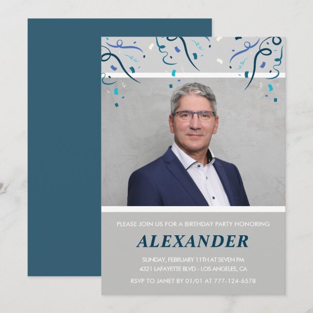 Convites de 55 anos Men Confetti Photo Blue (Frente/Verso)