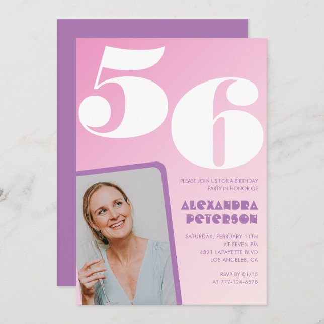 Convites de 56 anos para Groovy Rosa Foto Retroati (Frente/Verso)