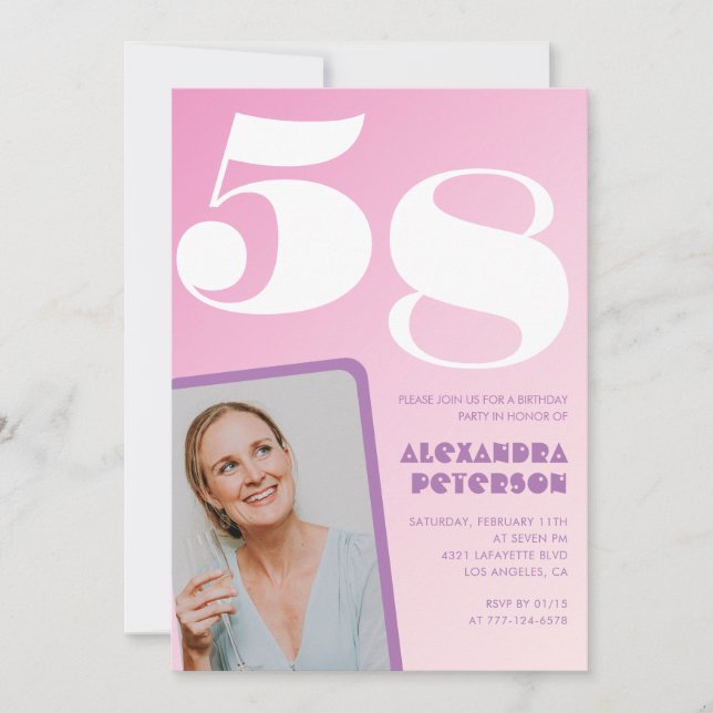 Convites de 58 anos, cor-de-rosa Foto retroativa (Frente)