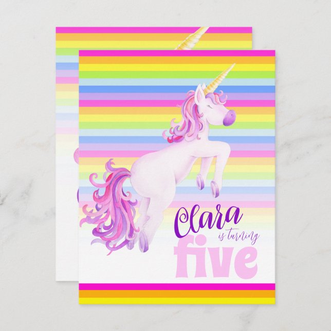 Convites de 5 de aniversário da Unicorn art rainbo (Frente/Verso)