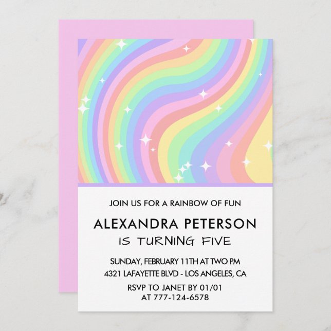 Convites de 5 de aniversário do Rainbow Pastel Cut (Frente/Verso)