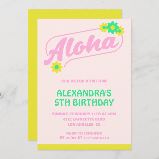 Convites de 5 de aniversário Tropical Aloha Rosa (Frente/Verso)