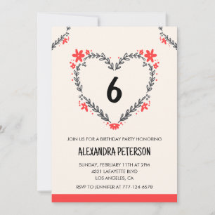 convites de 6º aniversário para ela floral coração