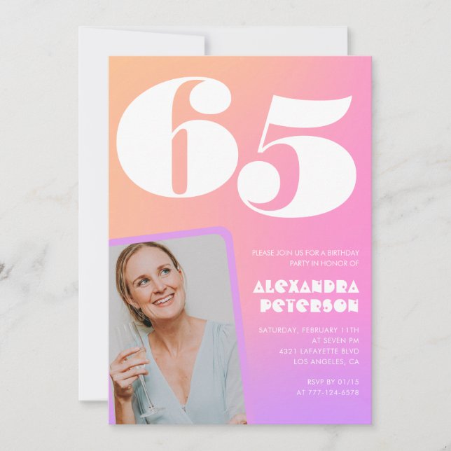 Convites de 65 anos cor-de-rosa para sua Foto Retr (Frente)